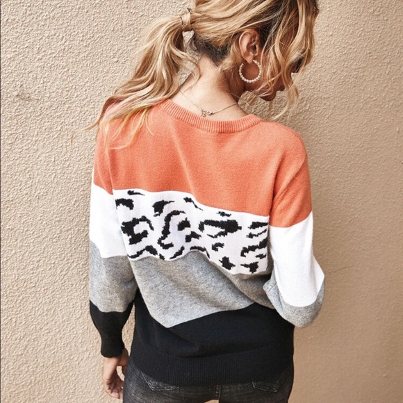 Color block stripe leopard print knit sweater pink - Picture 4 of 8
